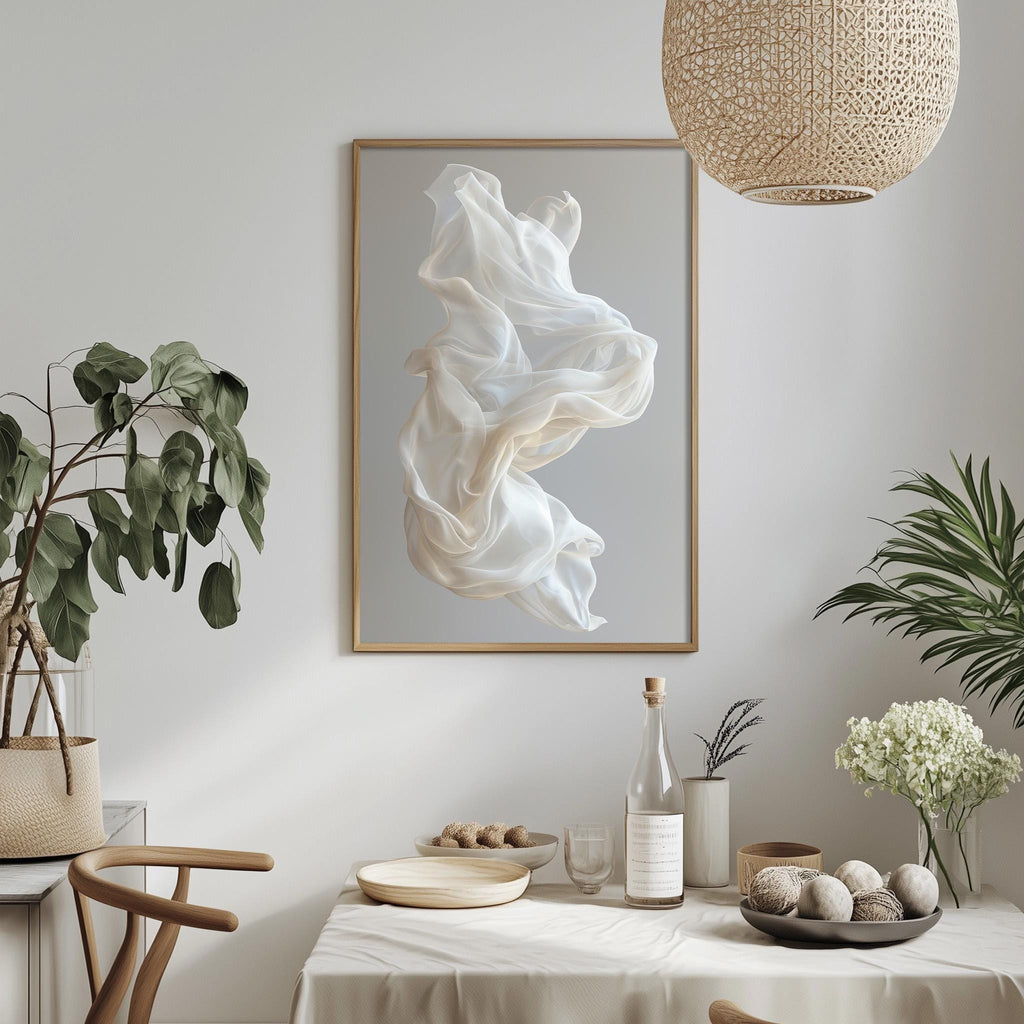 a minimalist dining room with a white tablecloth, a framed abstract artwork hanging on the wall, and various decorative elements such as potted plants, vases, and a bowl of fruit.