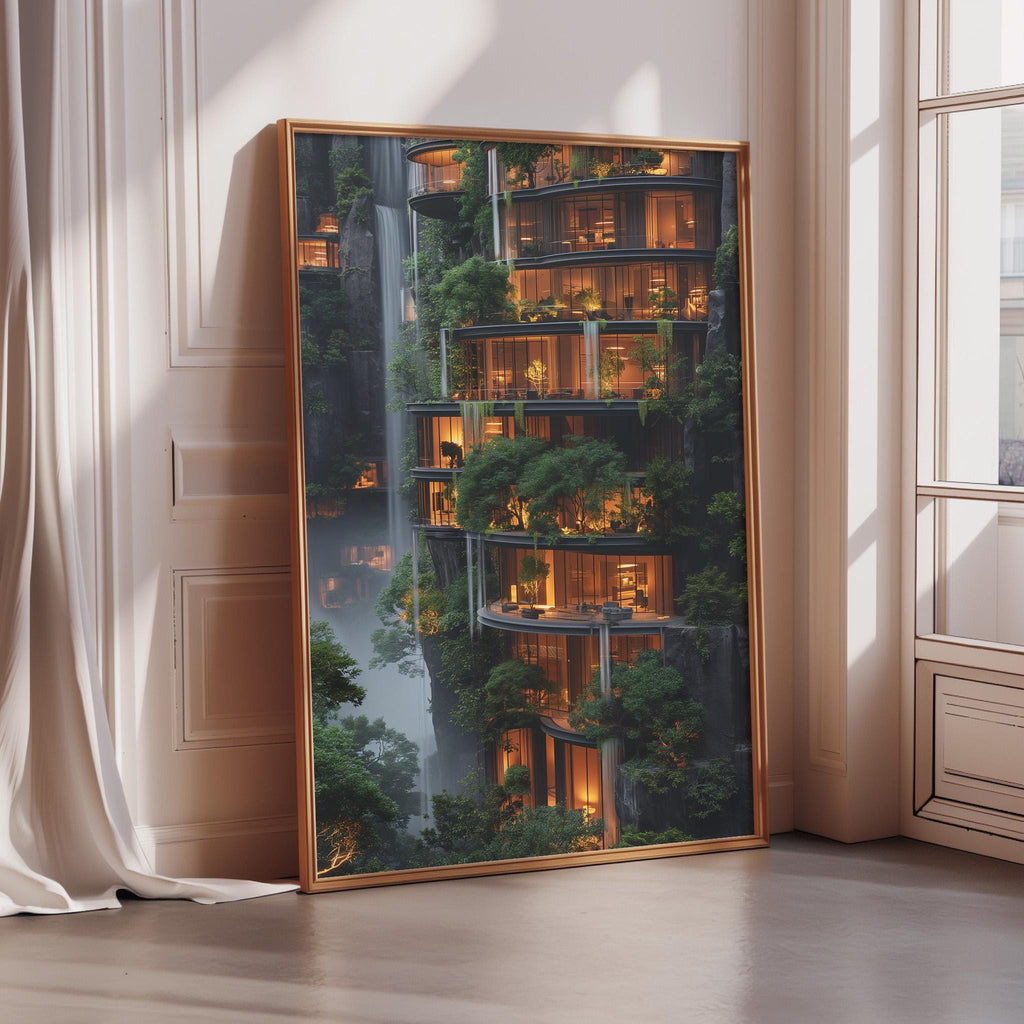 a large, framed picture of a building with multiple levels, surrounded by lush greenery and a waterfall.