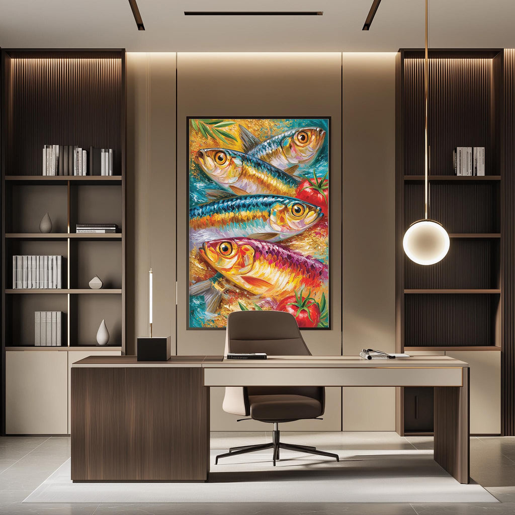 a modern office space with a large painting of colorful fish hanging on the wall above a desk with a chair.
