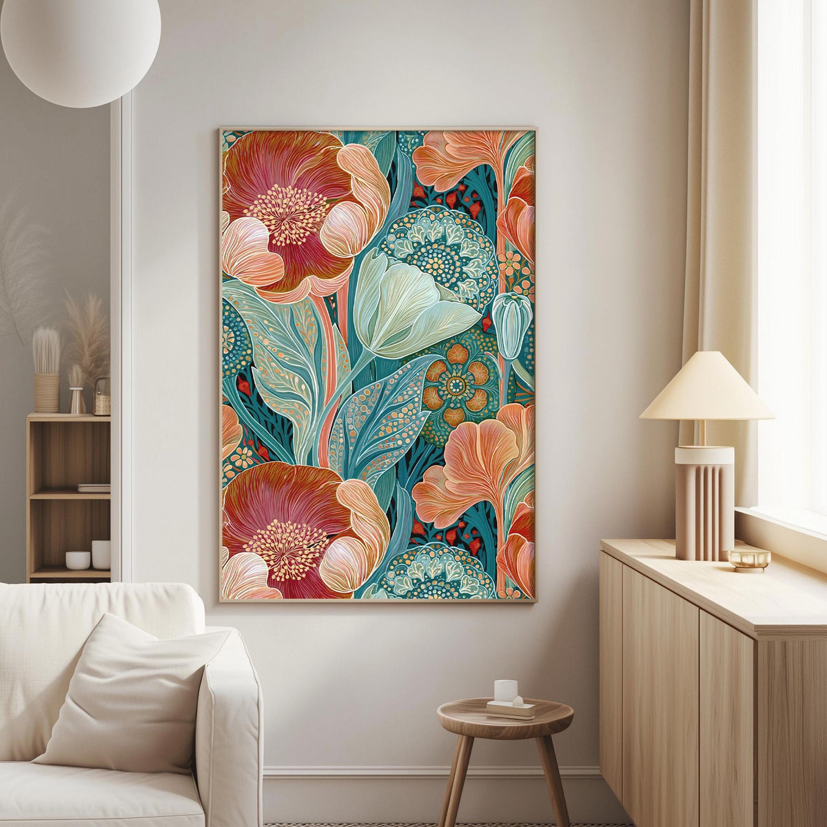a large, colorful floral print hanging on a wall in a living room. The print is vibrant with shades of red, orange, green, and blue, creating a lively and energetic atmosphere. The room is furnished with a white sofa, a wooden side table, and a lamp, creating a cozy and inviting space.