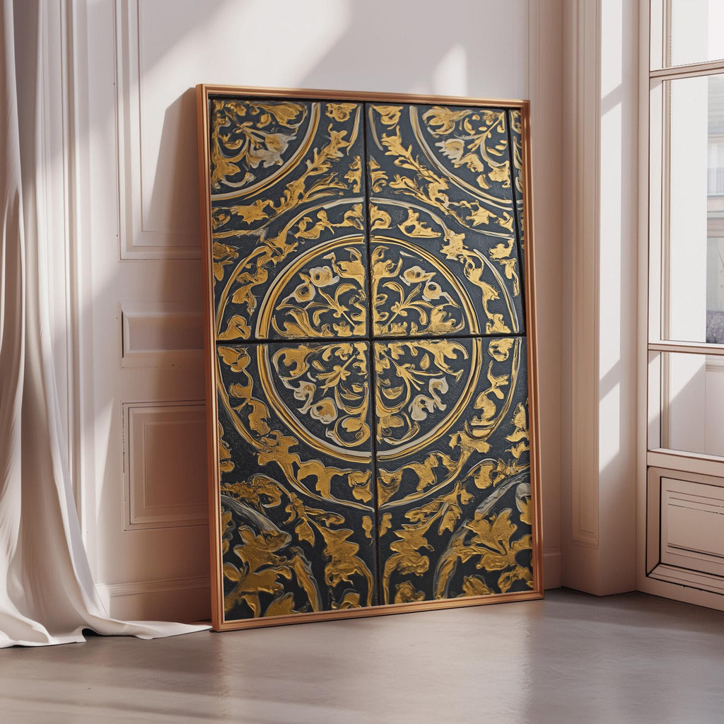 a large, ornate, and intricately designed artwork or painting displayed on a wall, with a wooden frame surrounding it.