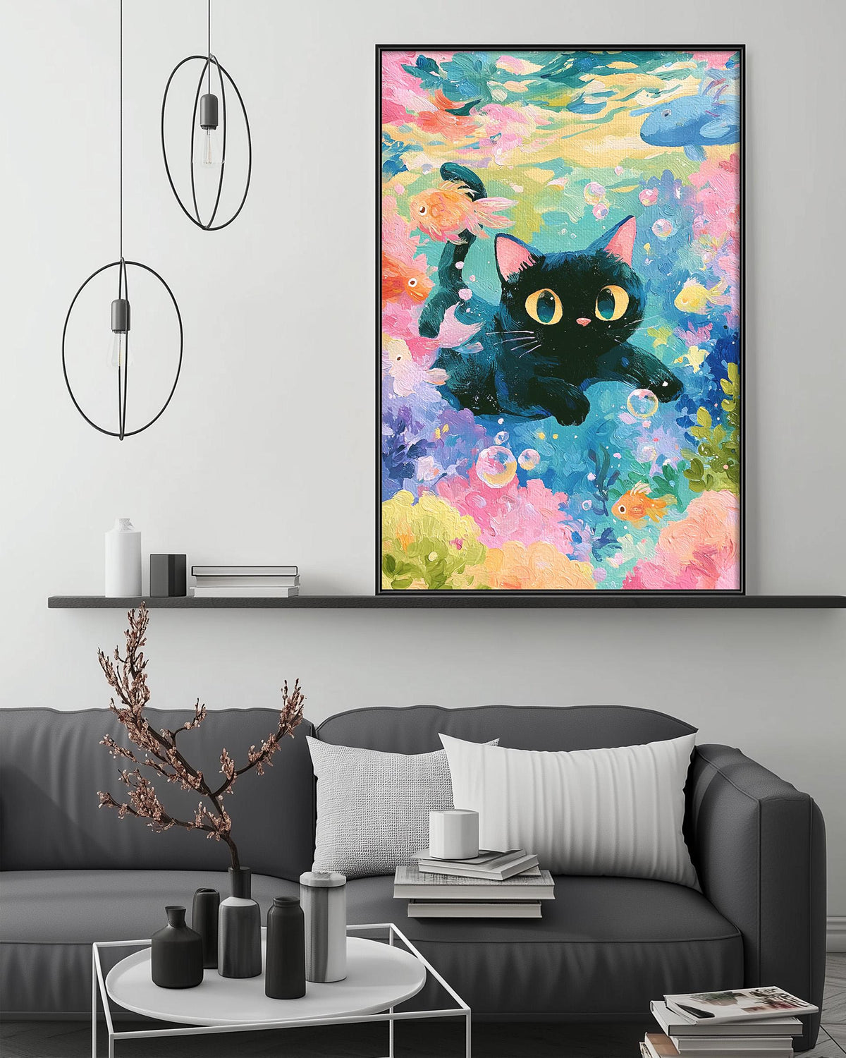 a large, colorful painting of a black cat swimming underwater, with a vibrant background of various colors and shapes. The painting is displayed on a wall above a gray couch, which is positioned in front of a coffee table. The room has a minimalist and modern design, with a shelf and a pendant light above the couch.