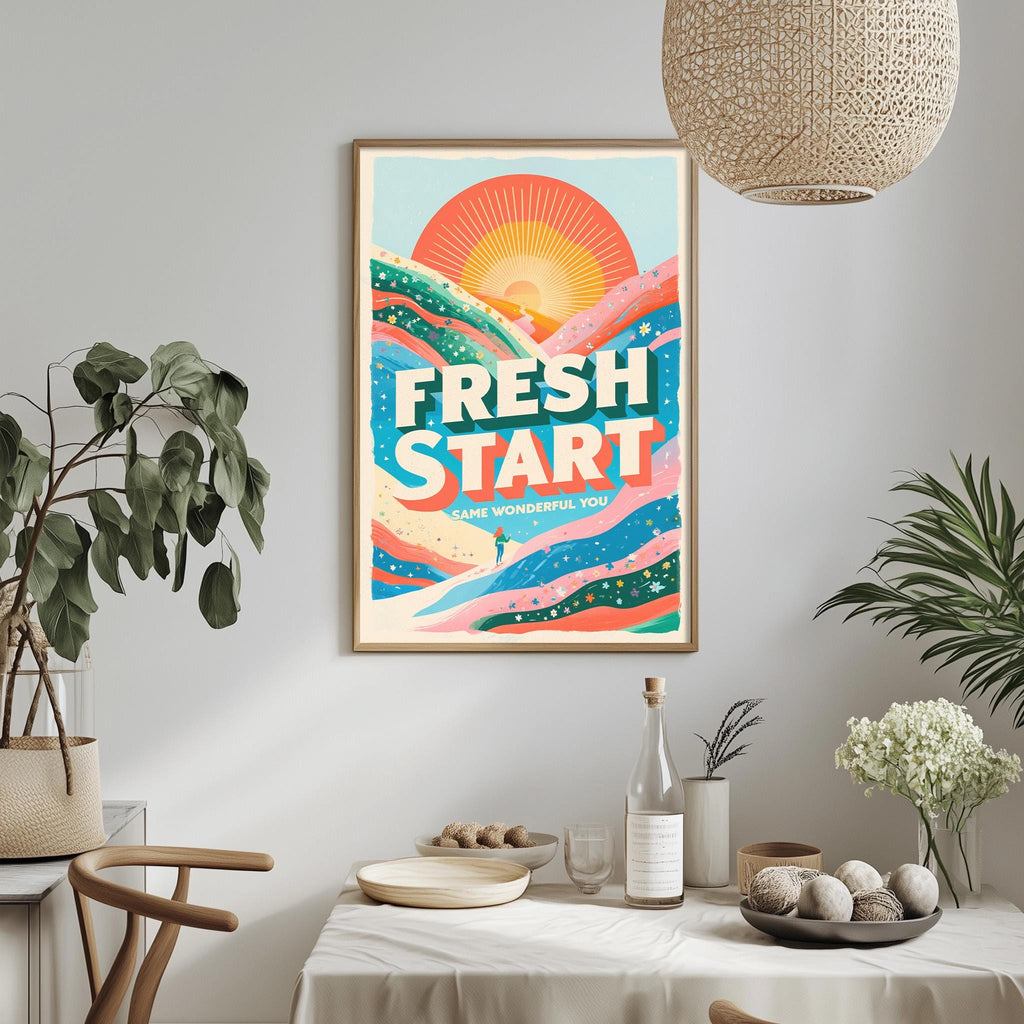 a vibrant poster with a sun and mountains hanging on a wall above a dining table with various items on it.