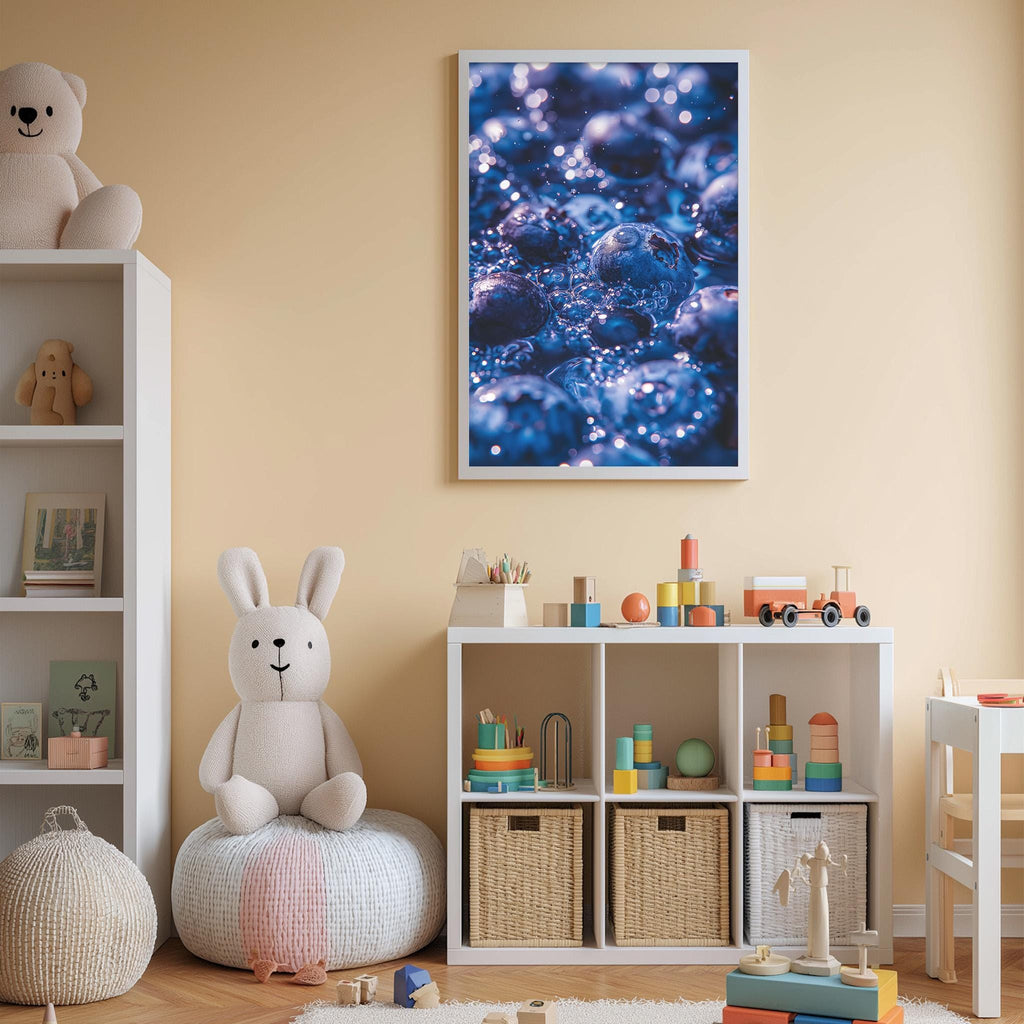 A cozy children's room with a white bookshelf, a plush white bunny, and a colorful toy box filled with toys. A framed image of blueberries is hanging on the wall above the toy box.