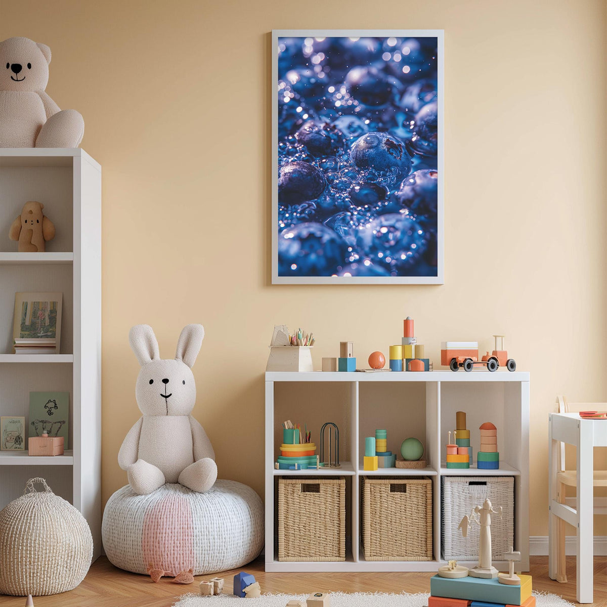 A cozy children's room with a white bookshelf, a plush white bunny, and a colorful toy box filled with toys. A framed image of blueberries is hanging on the wall above the toy box.