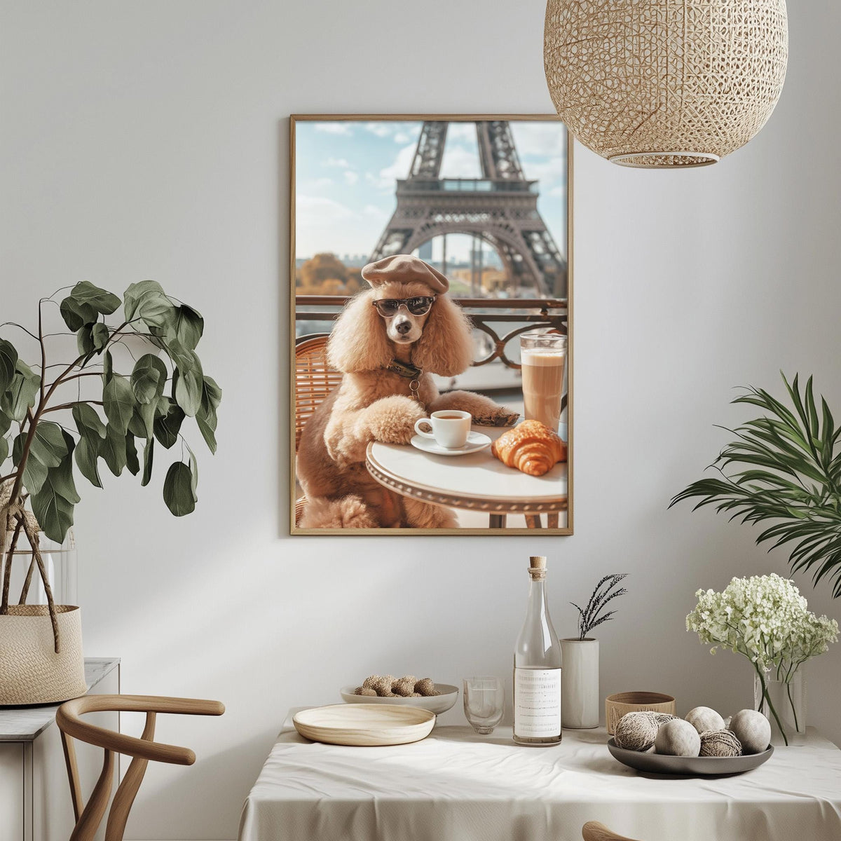 a framed picture of a poodle dog sitting at a table with a cup of coffee and pastries, with the Eiffel Tower visible in the background.
