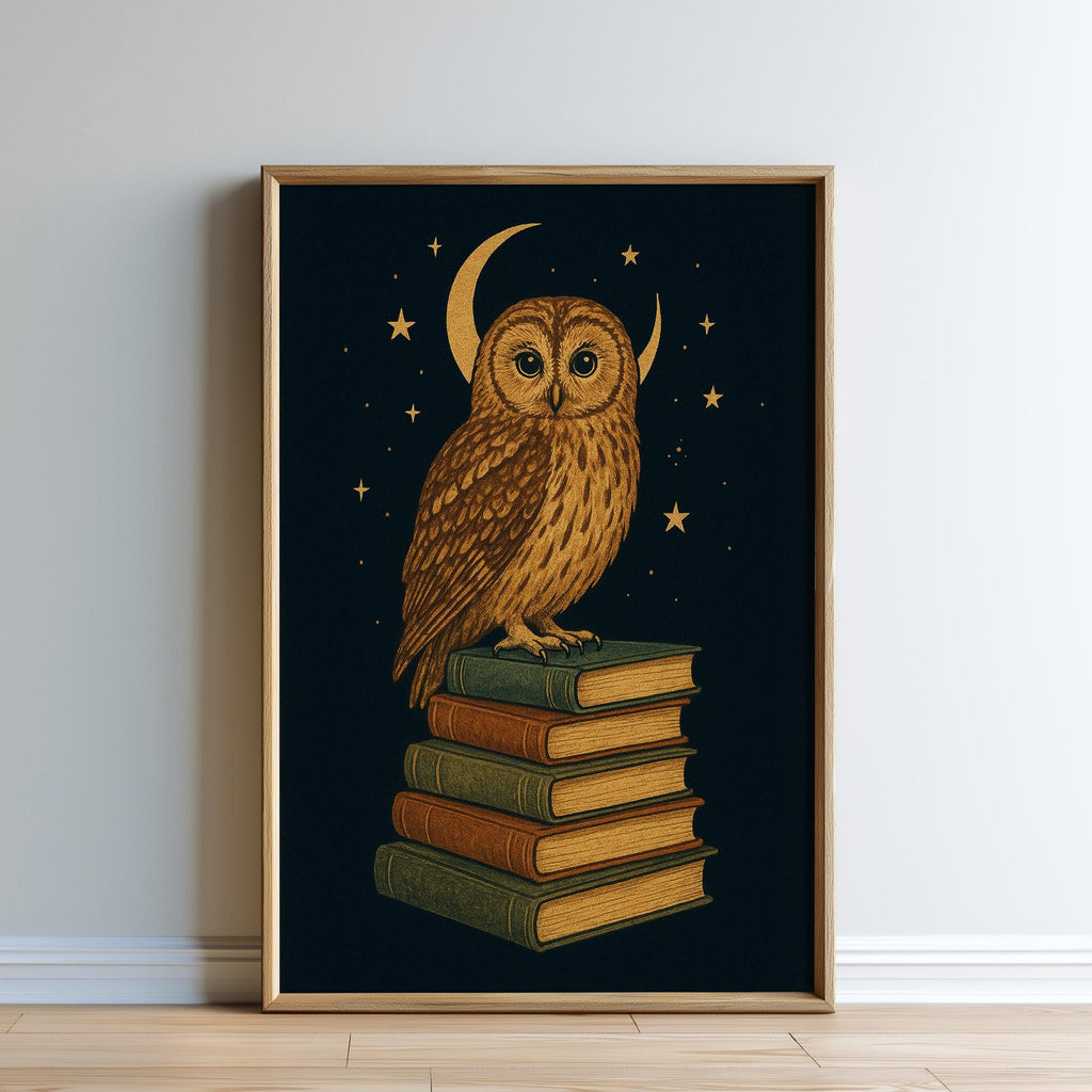A framed illustration of an owl perched on a stack of books, set against a dark background with a crescent moon and stars.