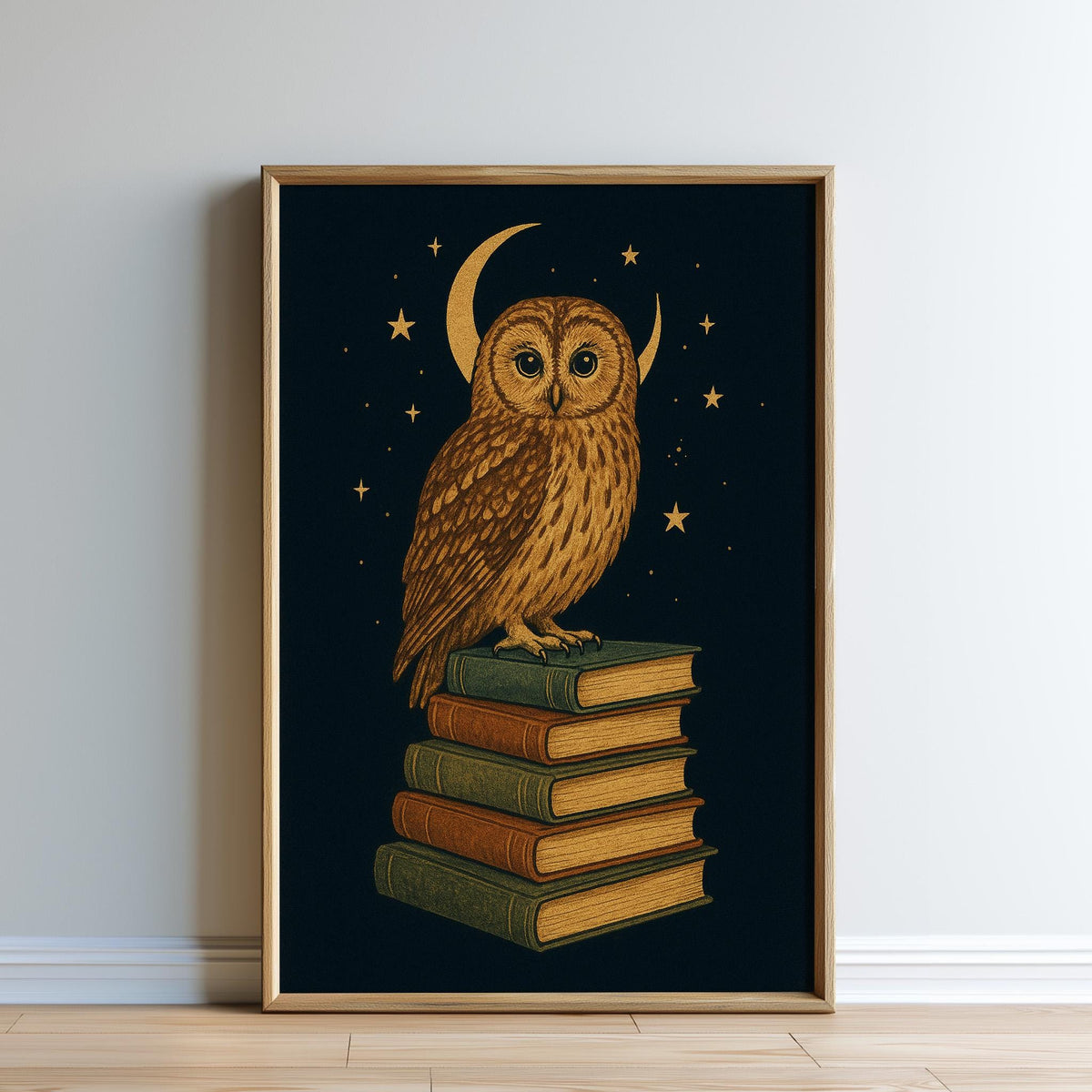 A framed illustration of an owl perched on a stack of books, set against a dark background with a crescent moon and stars.