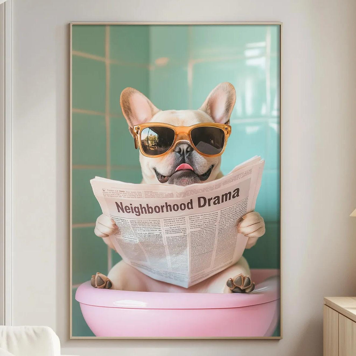 A dog wearing sunglasses and holding a newspaper with the title "Neighborhood Drama" is sitting in a pink basin in a living room.