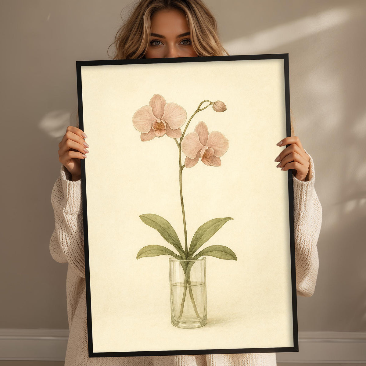 A woman holds a framed print of a pink orchid flower in a glass vase, with a neutral background.