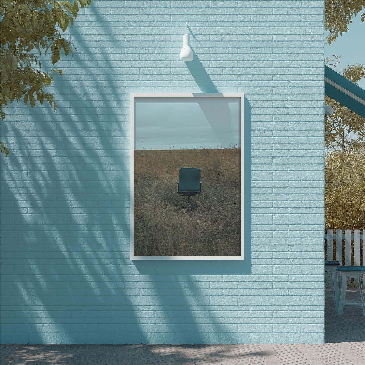 a blue brick wall with a framed photograph of a chair in a field, creating a serene and peaceful atmosphere.