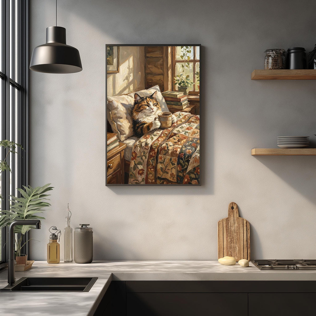 a cozy scene of a cat resting on a bed in a room with a window, surrounded by various objects such as books, a potted plant, and a wooden cutting board.