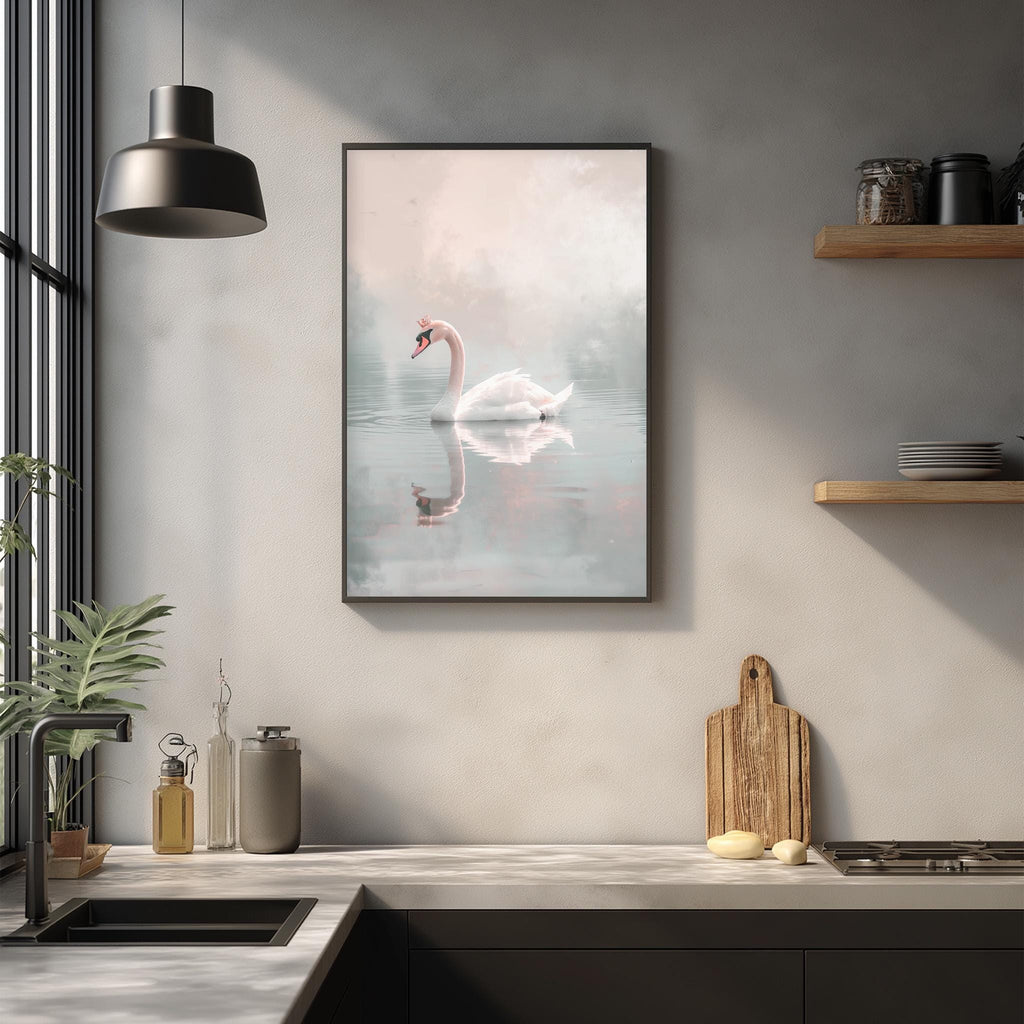 a framed photograph of a swan swimming in a pond, hanging on a wall above a kitchen counter with various kitchen items and decor.