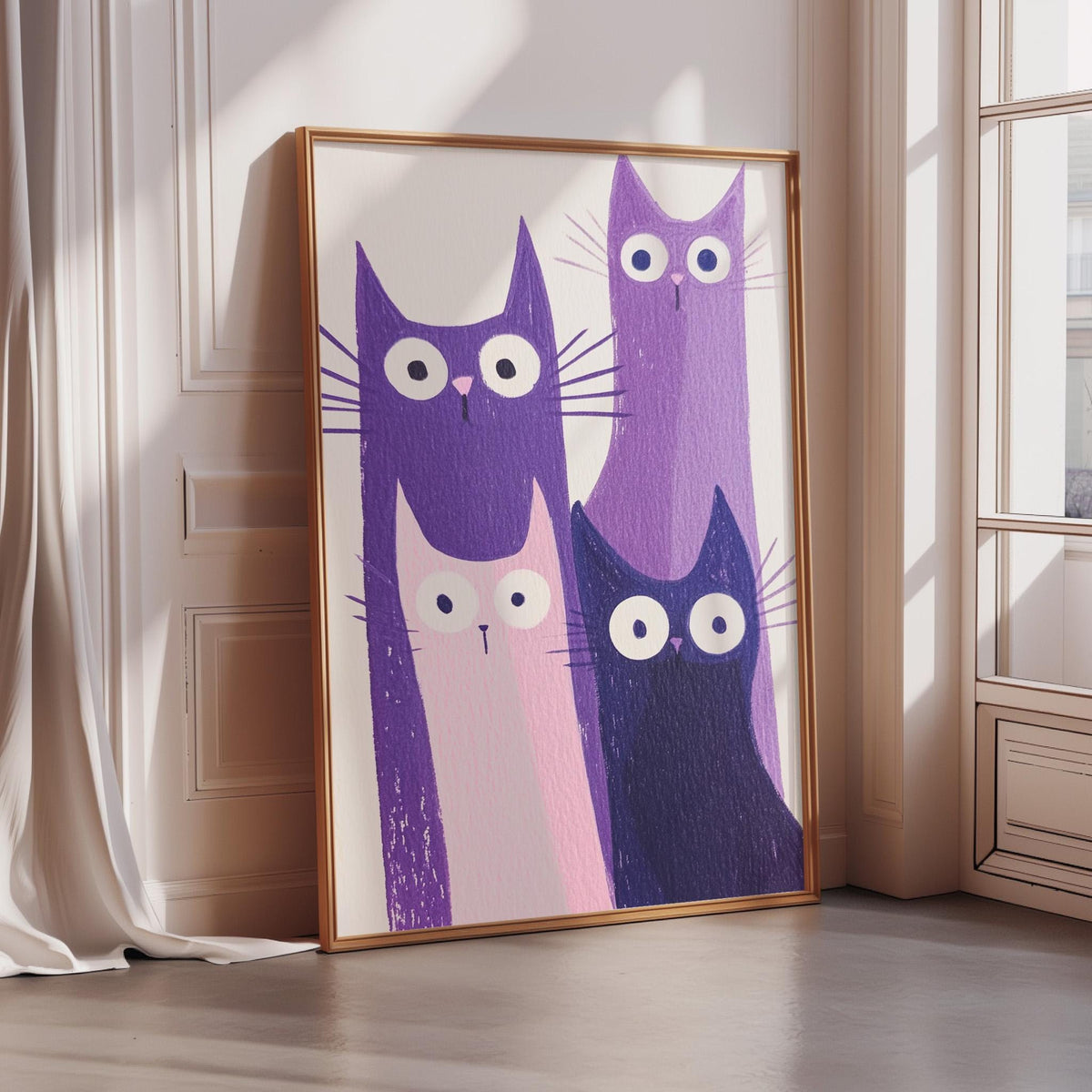 A framed illustration of four cats with large eyes and distinct colors - purple, pink, and black - standing together in a room.