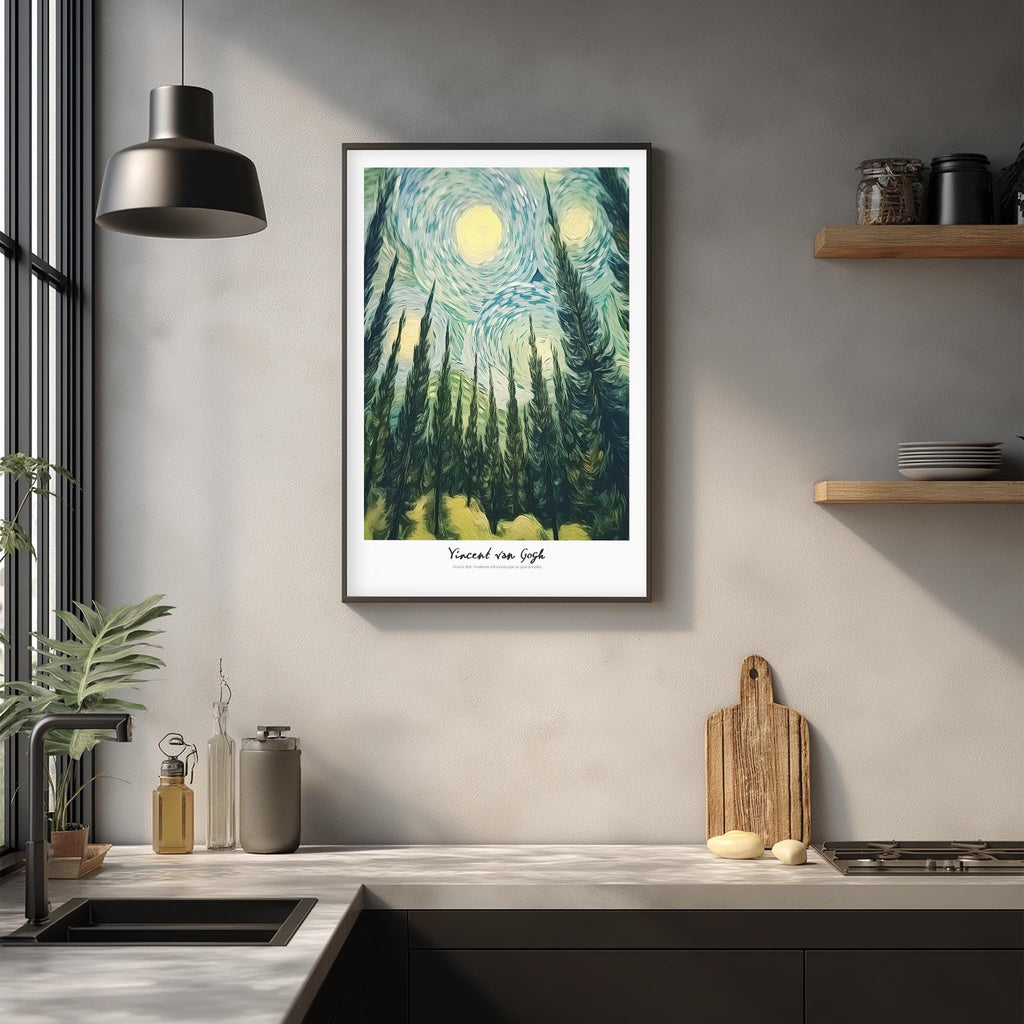 a framed painting of a forest scene hanging on a wall above a kitchen counter.