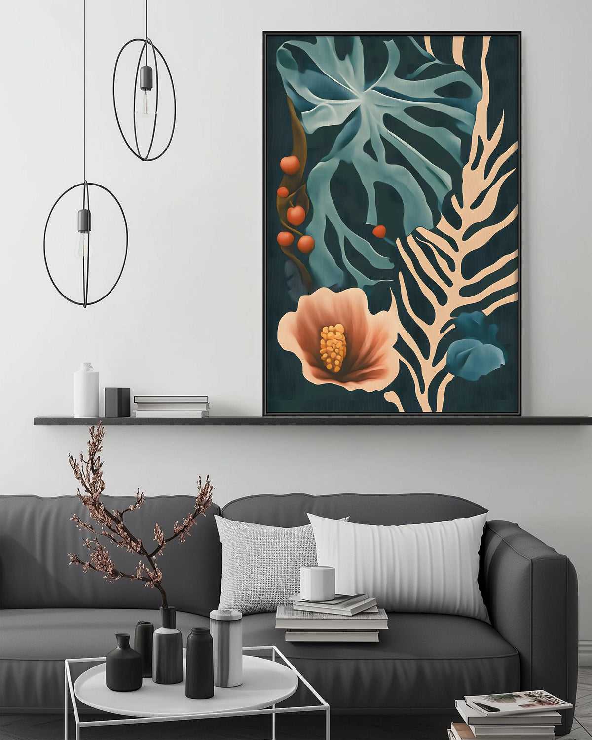a modern living room with a gray sofa, a coffee table, and a large framed artwork depicting a tropical plant with flowers and leaves.
