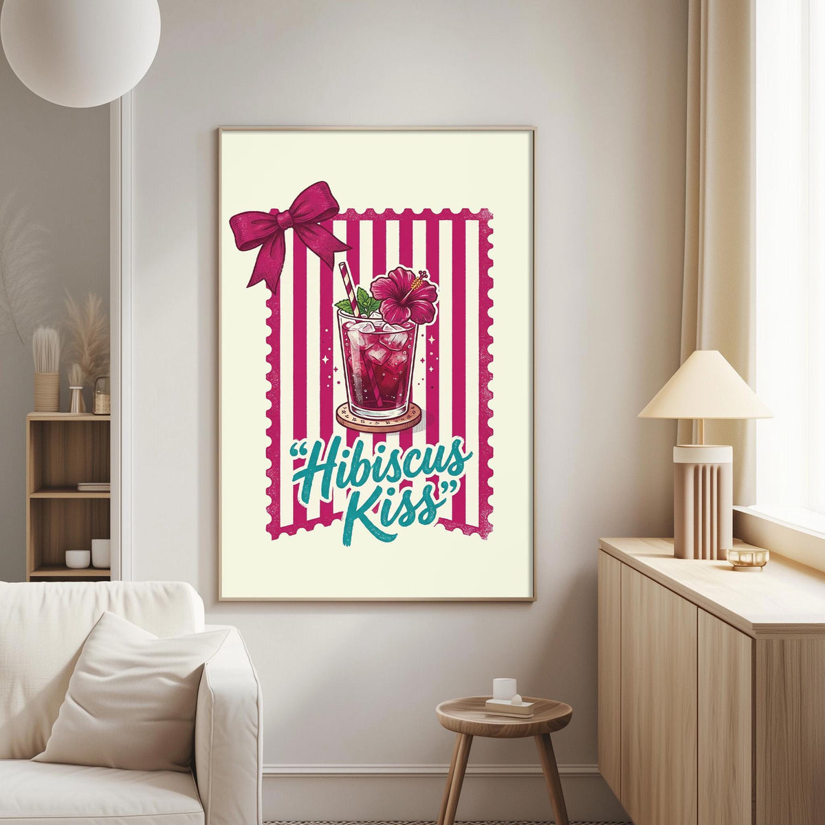 a framed illustration of a cocktail glass with a hibiscus flower, accompanied by the text "Hibiscus Kiss" in a stylized font.