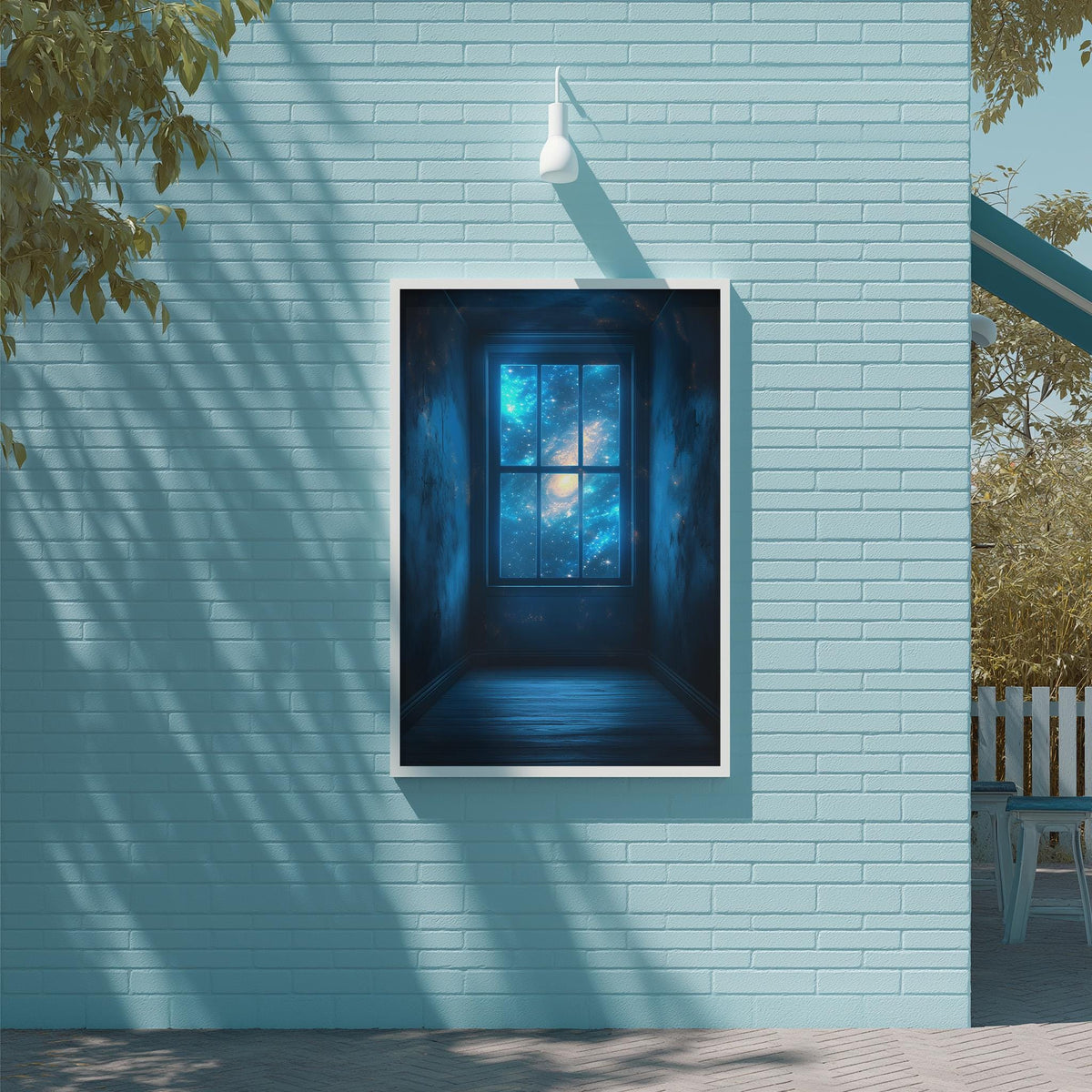a blue brick wall with a framed picture of a window with a view of a starry night sky.
