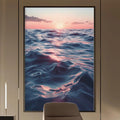 a modern and stylish office space with a large painting of a seascape hanging on the wall. The painting features a sunset over the ocean, creating a calming and serene atmosphere. The office is furnished with a desk, chair, and shelving units, providing a functional and organized workspace.