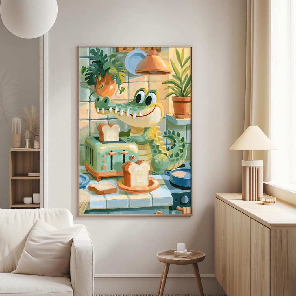a vibrant and whimsical painting of a crocodile sitting on a toaster, surrounded by various objects such as a potted plant, a plate of food, and a lamp.