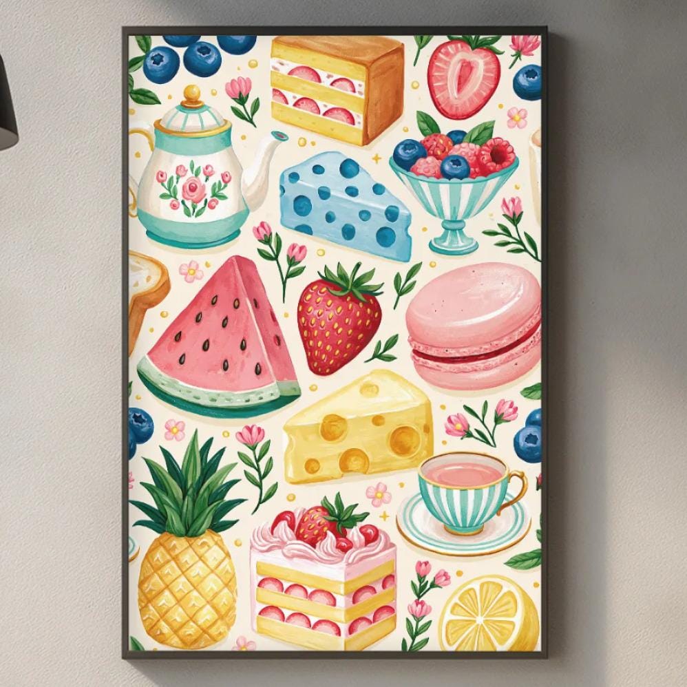 a kitchen counter with various kitchen items, including a cutting board, a sink, and a potted plant. Above the counter, there is a framed illustration of colorful food items such as fruits, pastries, and desserts.