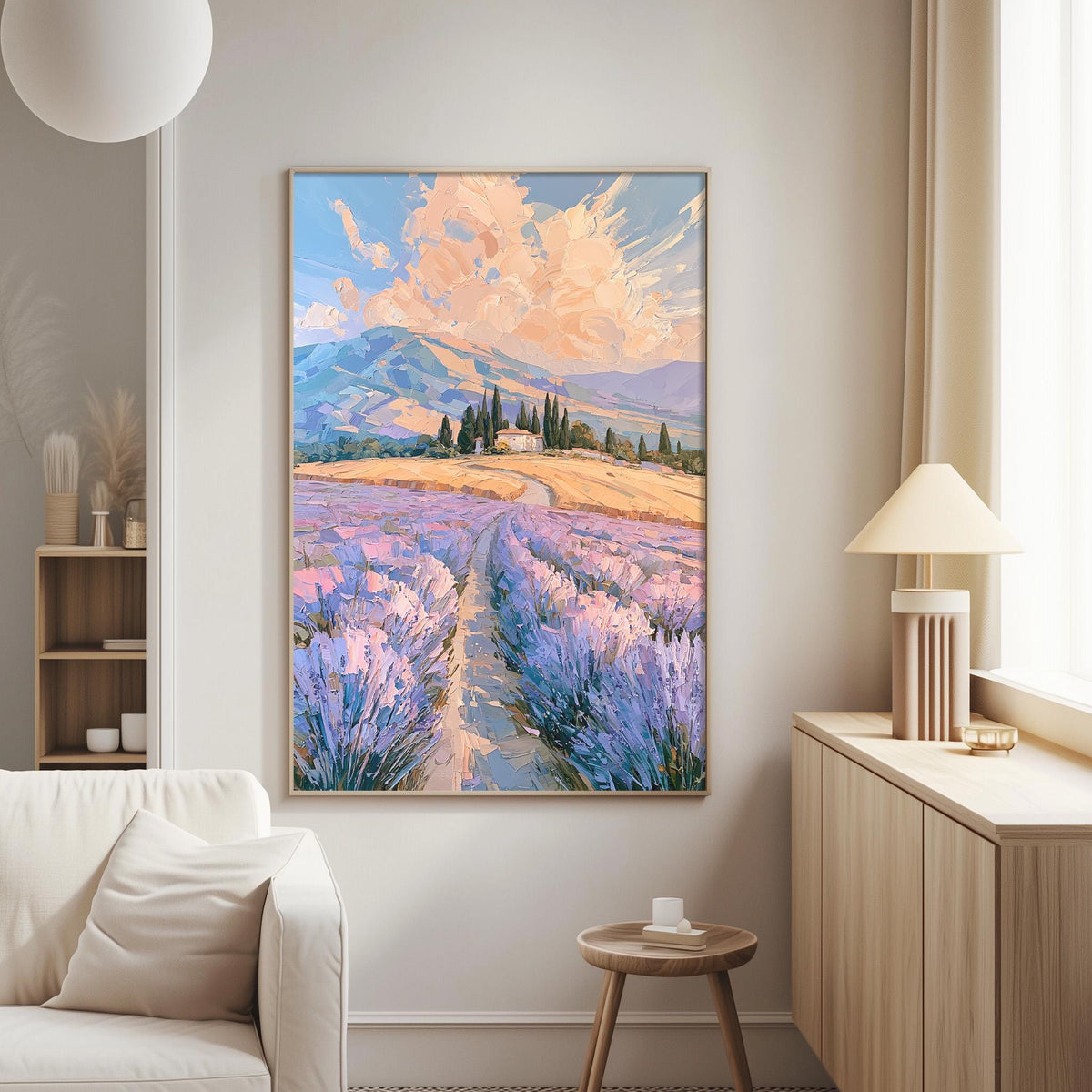 a large painting of a field of lavender flowers hanging on a wall in a living room.