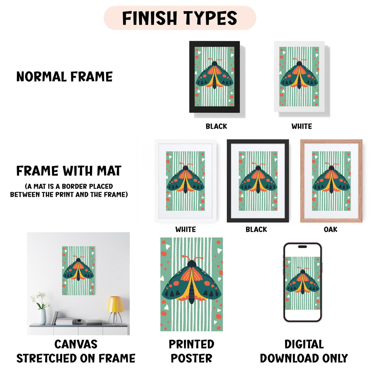various finish types for artwork, including a normal frame, a frame with a mat, a white frame, a black frame, an oak frame, a white canvas stretched on a frame, a printed poster, and a digital download only.
