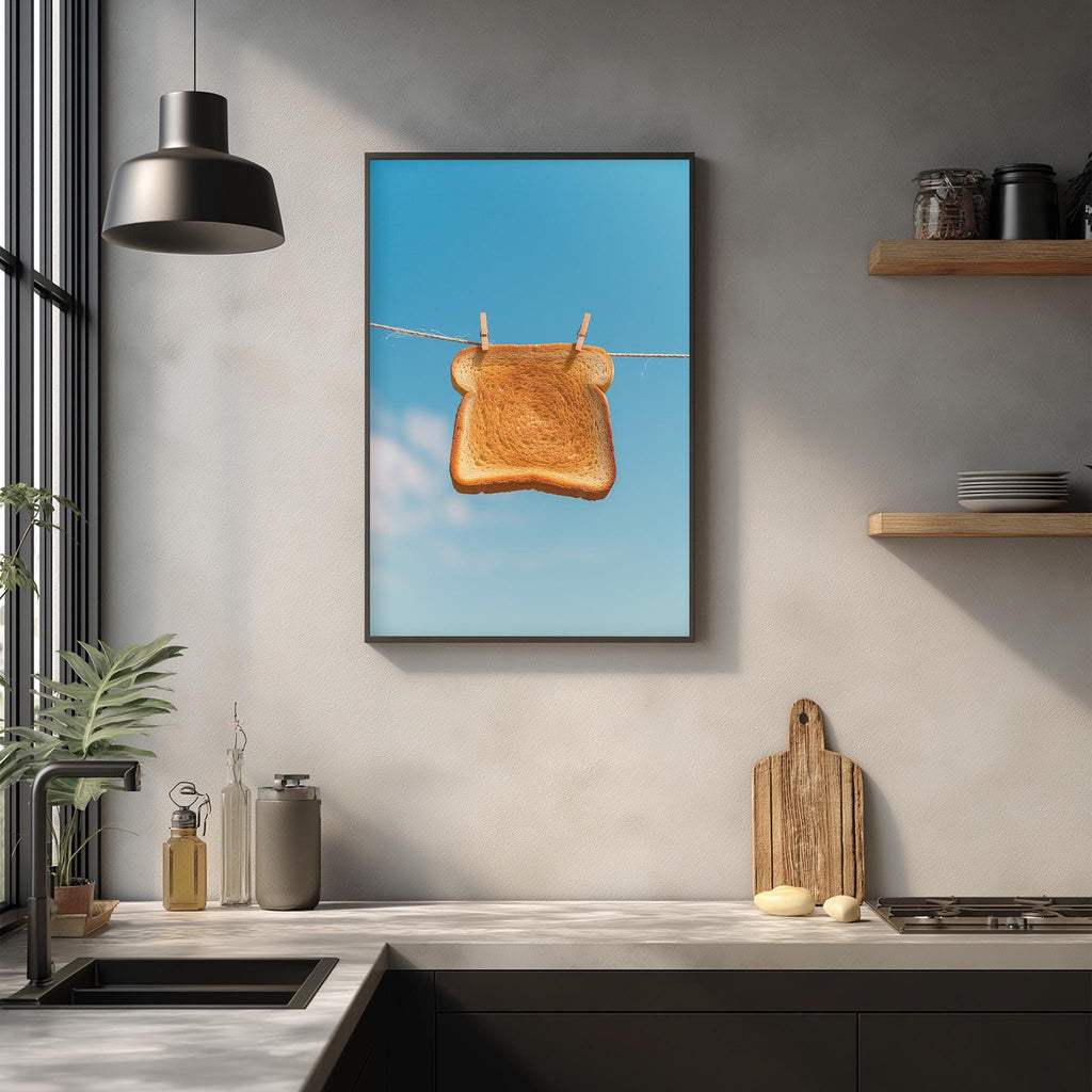 a kitchen counter with various kitchen items, including a loaf of bread hanging from a clothesline, a cutting board, and a sink.