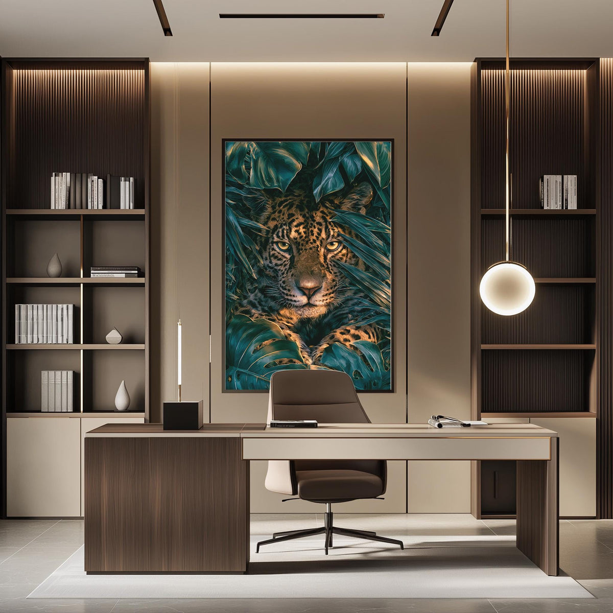 a modern office space with a large framed painting of a jaguar on the wall, a wooden desk with a chair, and built-in bookshelves.