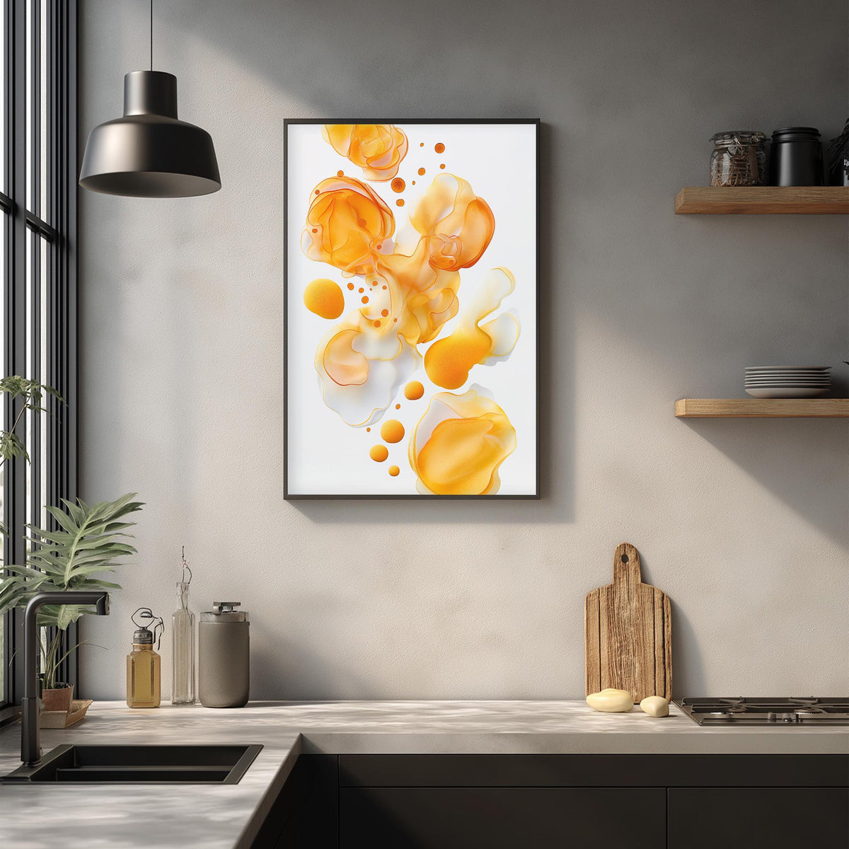 a modern kitchen with a large abstract painting hanging on the wall above a wooden cutting board and other kitchen items.