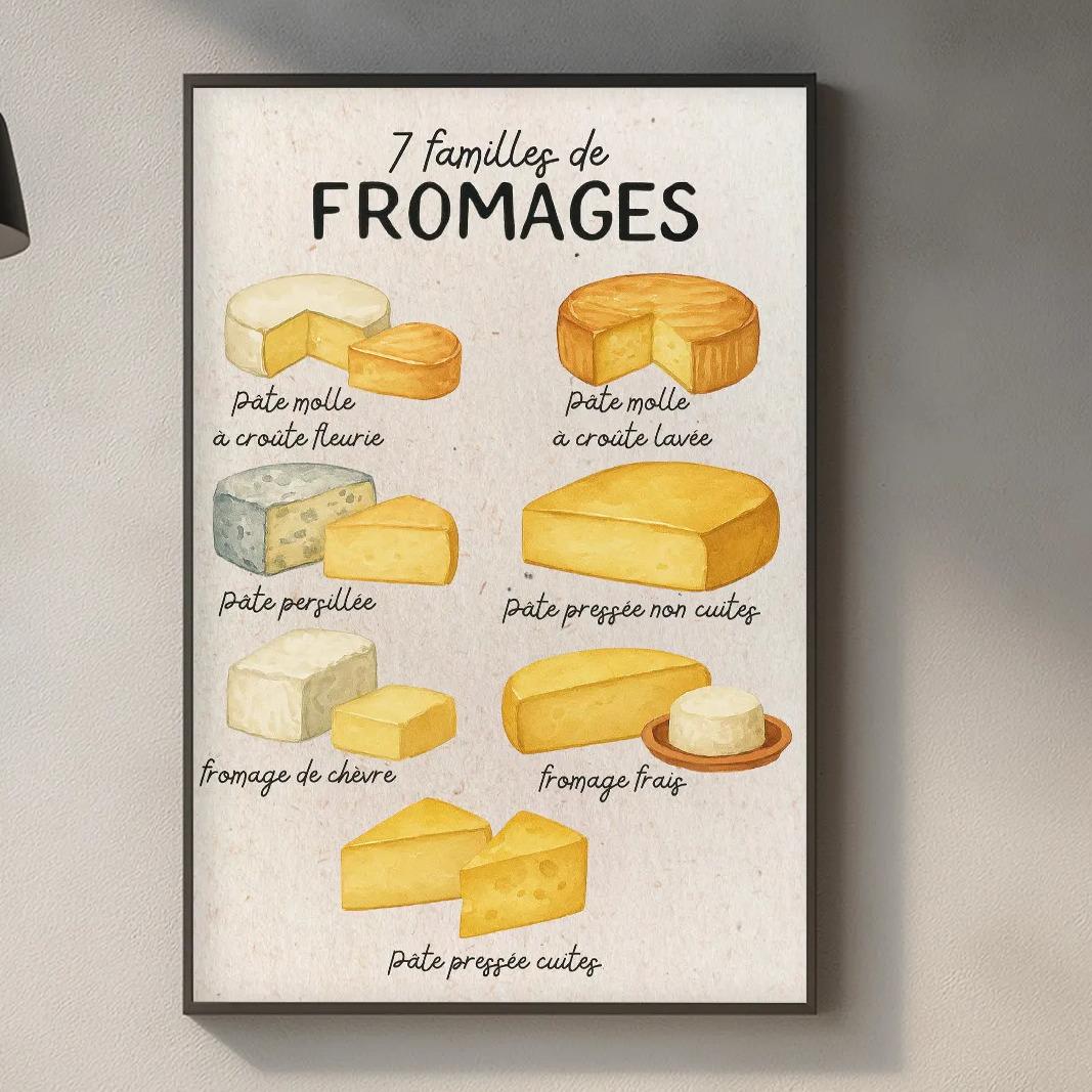 a kitchen counter with various items, including a framed poster of different types of cheese, a wooden cutting board, and a potted plant.