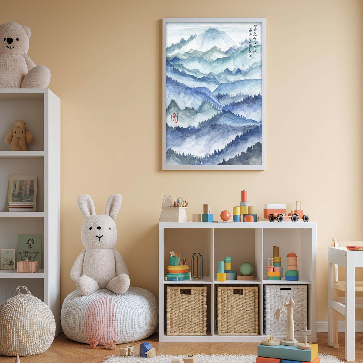 A cozy children's room with a large stuffed bunny, a bookshelf, and a toy storage unit filled with toys and baskets. A framed landscape painting hangs on the wall above the storage unit.