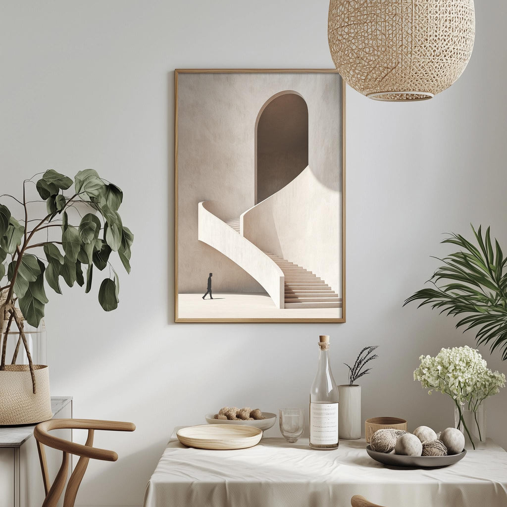a minimalist dining room with a white tablecloth, a framed artwork of a staircase, and various decorative elements such as potted plants, vases, and a bowl of fruit.