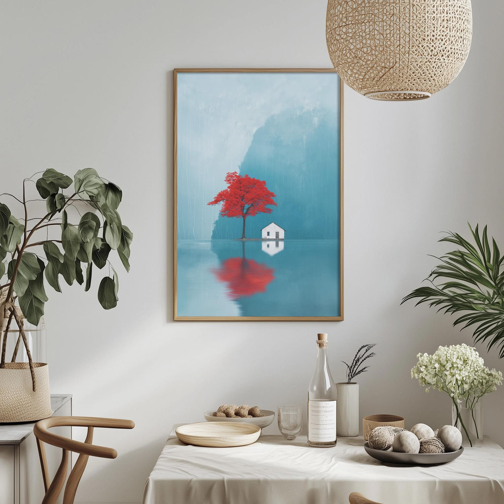 a serene indoor setting with a dining table, a potted plant, a framed painting of a red tree reflected in a body of water, and a hanging light fixture.