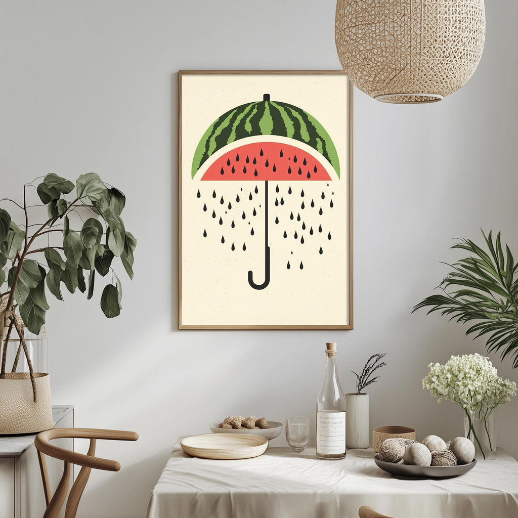 a dining table with a white tablecloth, a bowl of fruit, a bottle, and a vase with flowers. Above the table, there is a framed picture of a watermelon with raindrops on it.
