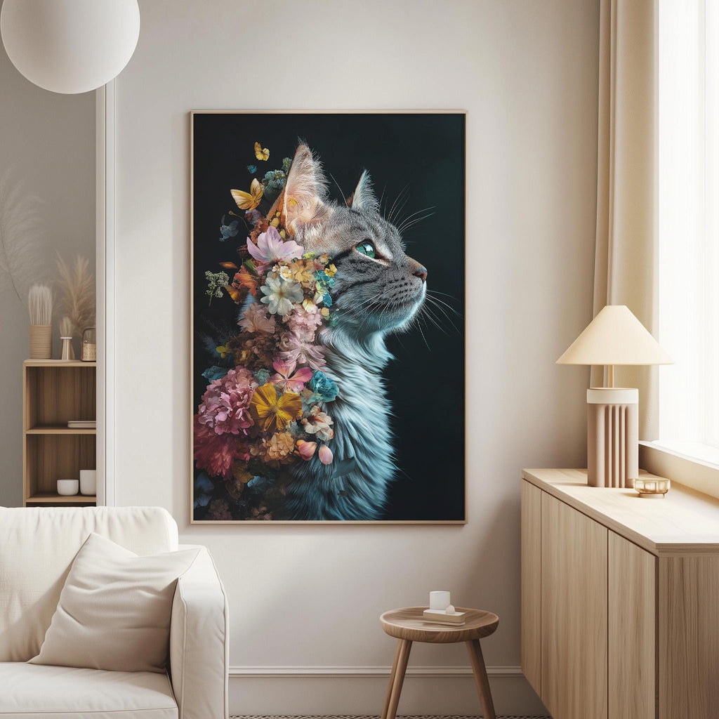 a large framed painting of a cat with a floral design on its fur, hanging on a wall in a living room.
