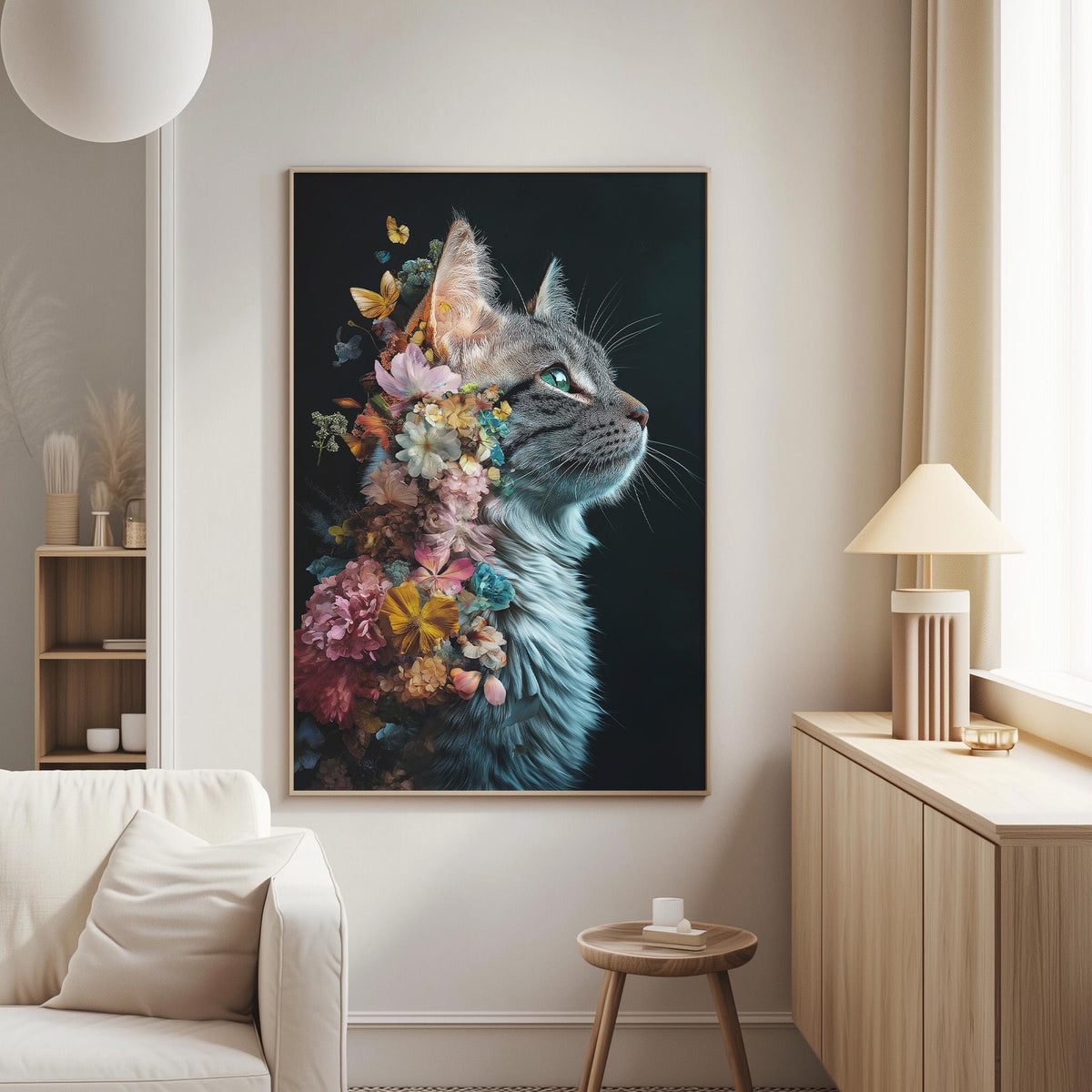 a large framed painting of a cat with a floral design on its fur, hanging on a wall in a living room.