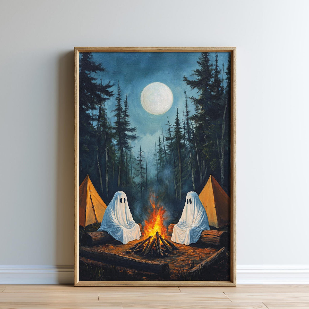 two ghostly figures sitting by a campfire in a forest, with a full moon illuminating the scene.