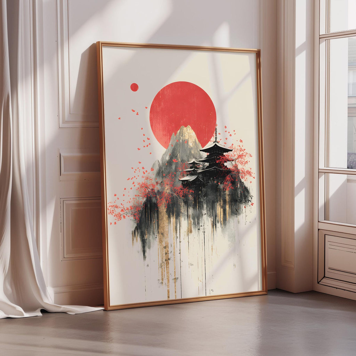 a large framed artwork depicting a Japanese temple with a red sun in the background.
