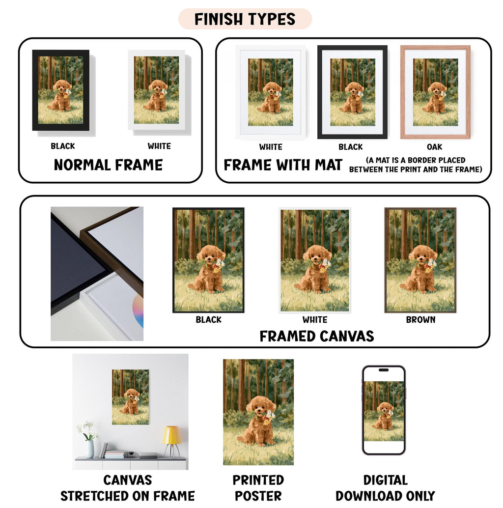 various finish types for a framed canvas print of a dog in a field, including black, white, black, oak, white, black, white, brown, framed canvas, stretched canvas, printed poster, and digital download only.