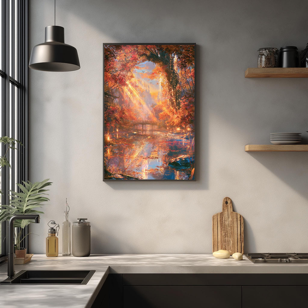 a kitchen counter with a wooden cutting board, a plant, and various kitchen items such as a bottle and a vase. Above the counter, there is a framed painting depicting a serene autumn landscape with a pond and a bridge.