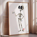 a skeleton cartoon character standing in a white frame.