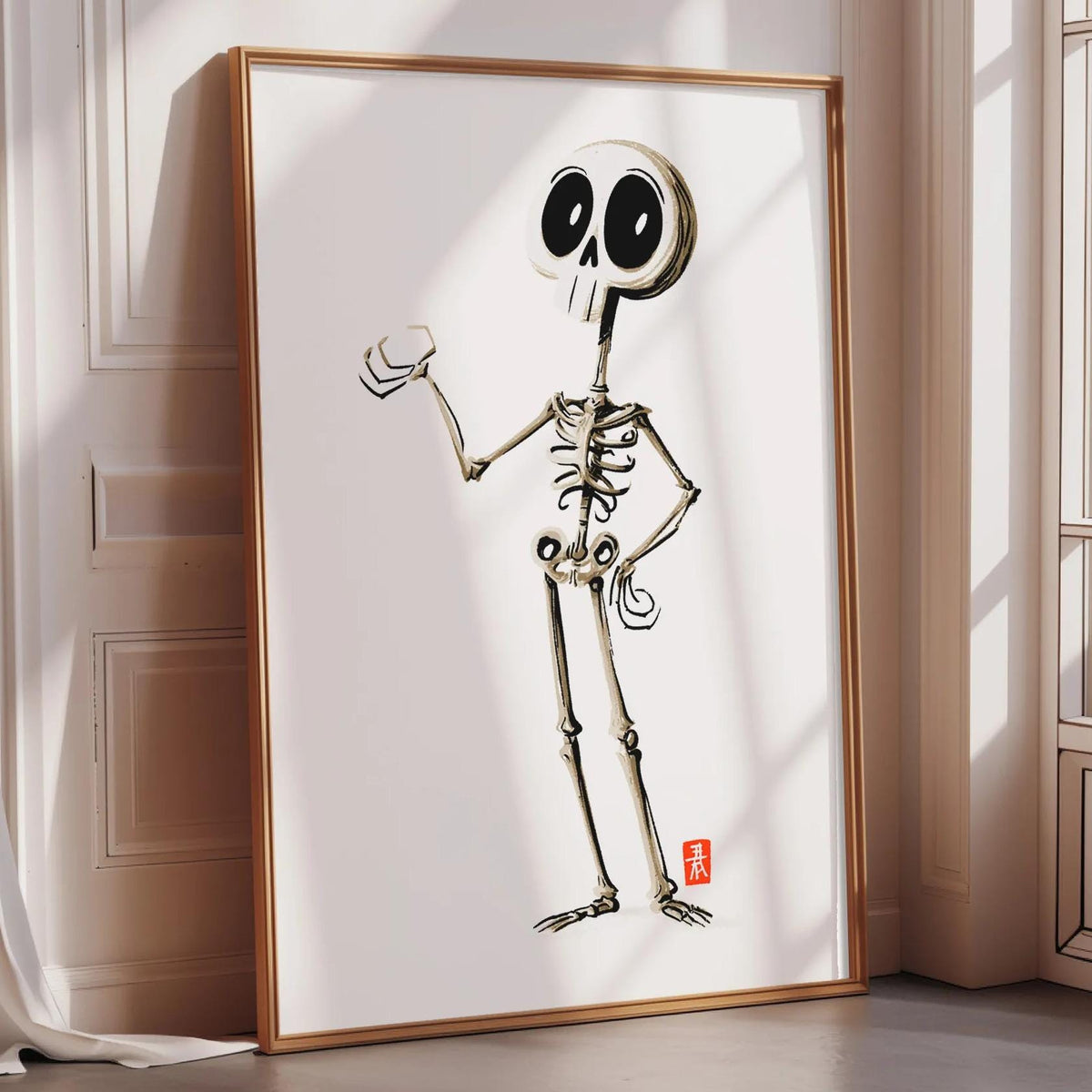 a skeleton cartoon character standing in a white frame.