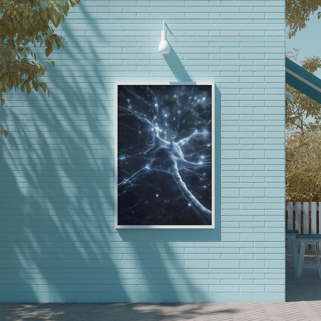 a large, square-shaped painting of a brain with blue and white lights, hanging on a light blue brick wall.