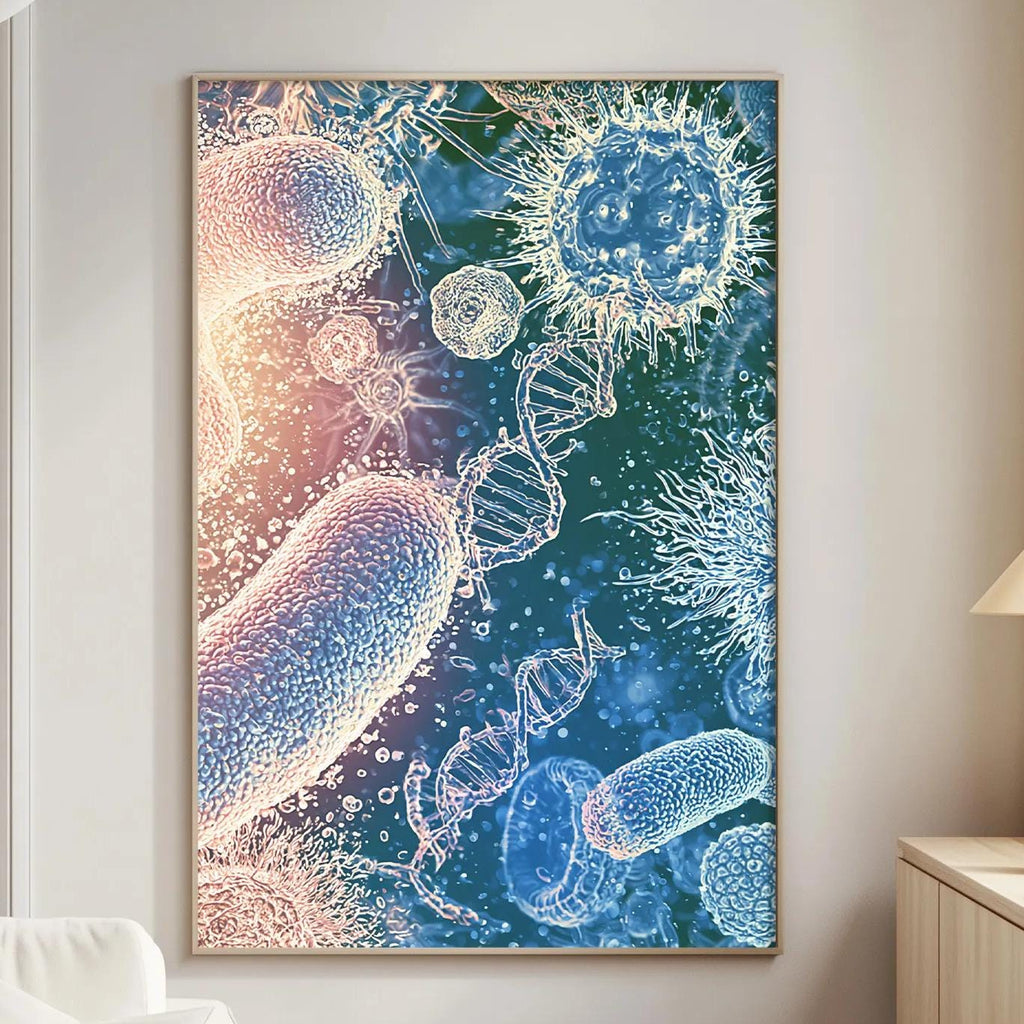 a large, colorful painting of bacteria and viruses on the wall of a living room.