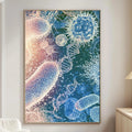 a large, colorful painting of bacteria and viruses on the wall of a living room.