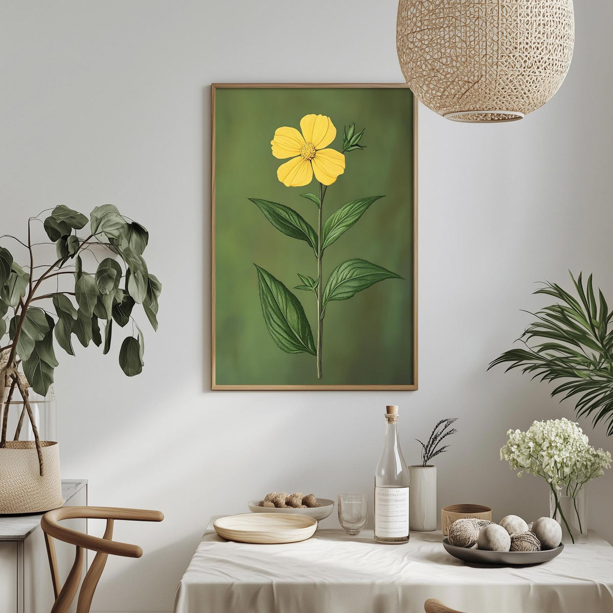 a dining table with a white tablecloth, a bowl of fruit, a bottle, and a vase with flowers. Above the table, there is a framed painting of a yellow flower on a green background.