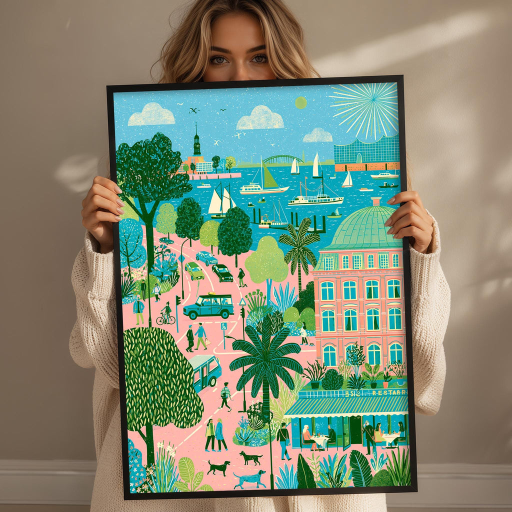 A woman holds up a framed illustration depicting a vibrant, colorful scene of a tropical beach, palm trees, boats, and people enjoying the outdoors.