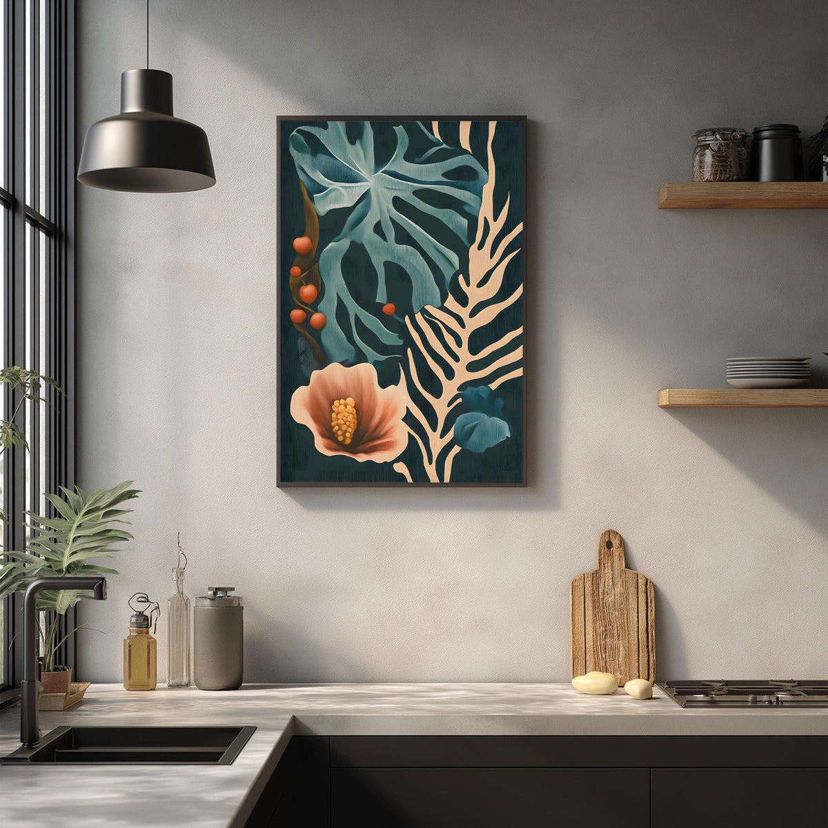 a kitchen counter with a framed artwork of tropical plants hanging on the wall above it. The artwork has a vibrant green and blue color scheme, with a large leaf and a pink flower as the main elements. The kitchen counter also has various items such as a cutting board, a soap dispenser, and a bottle, creating a cozy and lived-in atmosphere.
