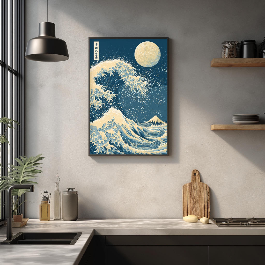 a framed artwork of a large wave crashing against a mountain, with a full moon in the background, hanging on a wall above a kitchen counter.